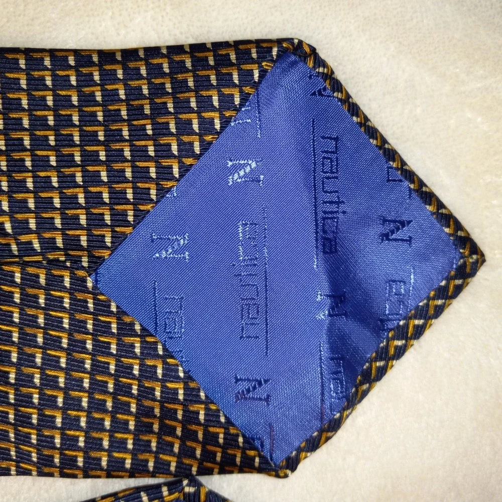 Nautical Navy Blue Yellow White Classic Tiny geometric pattern Tie 100% Silk
